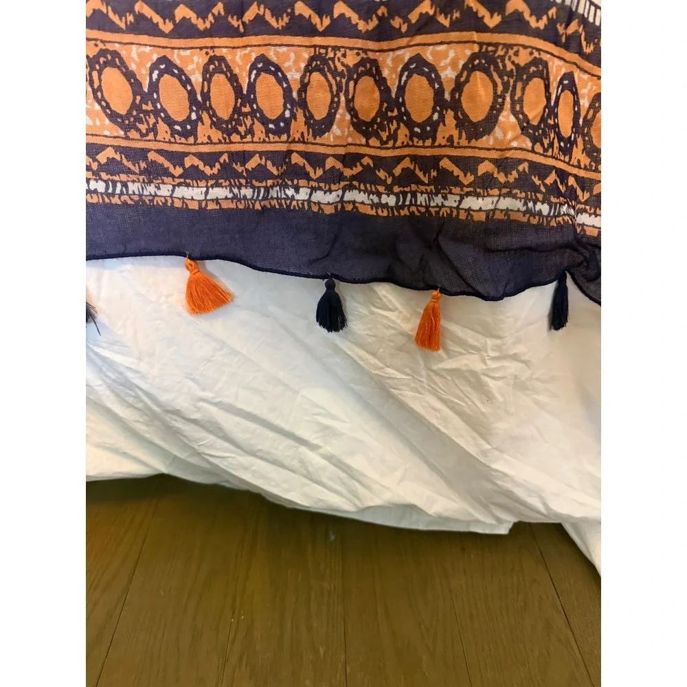 Navy Blue Boho Print Viscose Scarf Orange Tassel Trim Oversized Wrap RN 145645